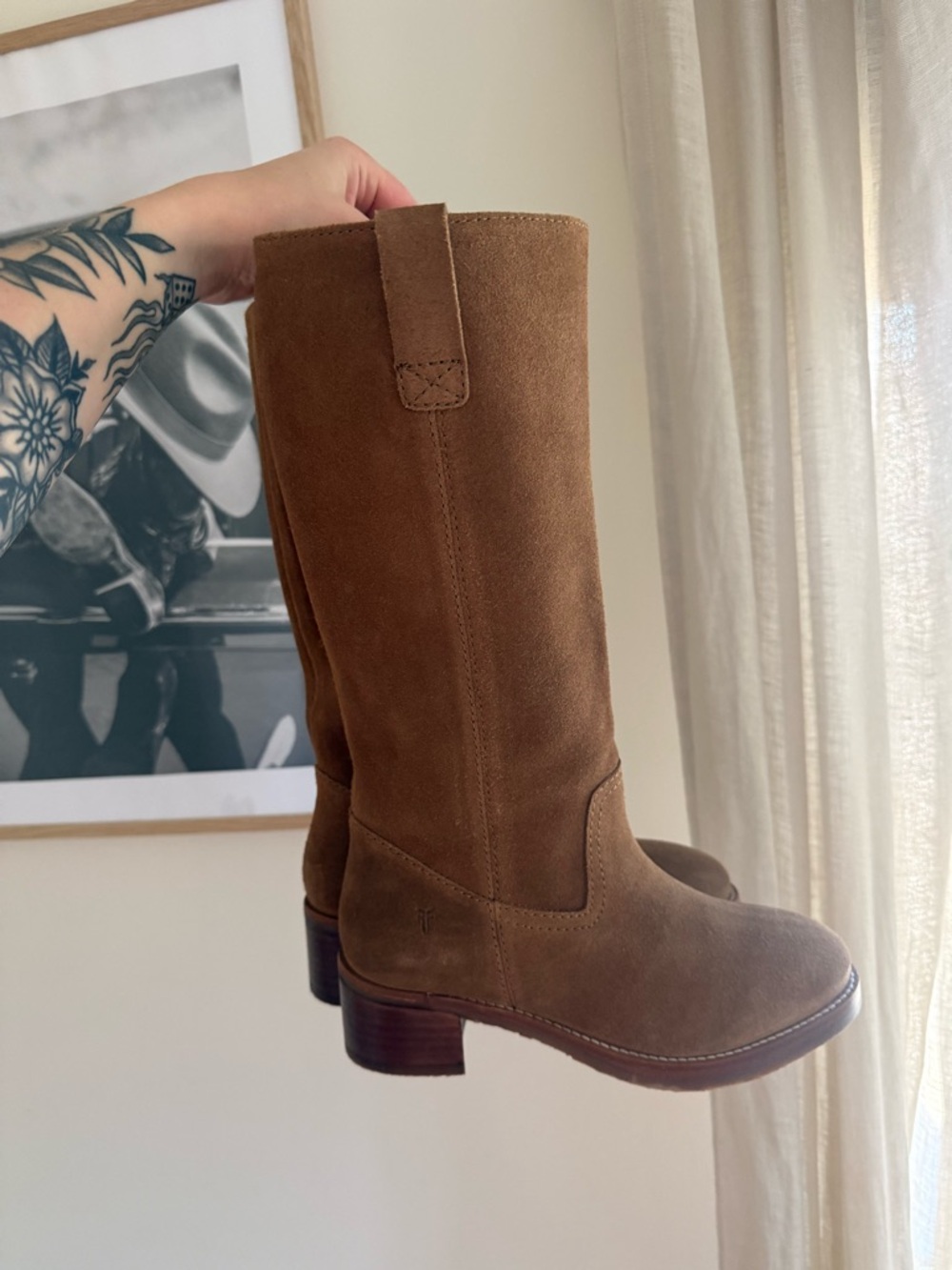 Frye Chestnut Suede Mid-Calf Heeled Boots
